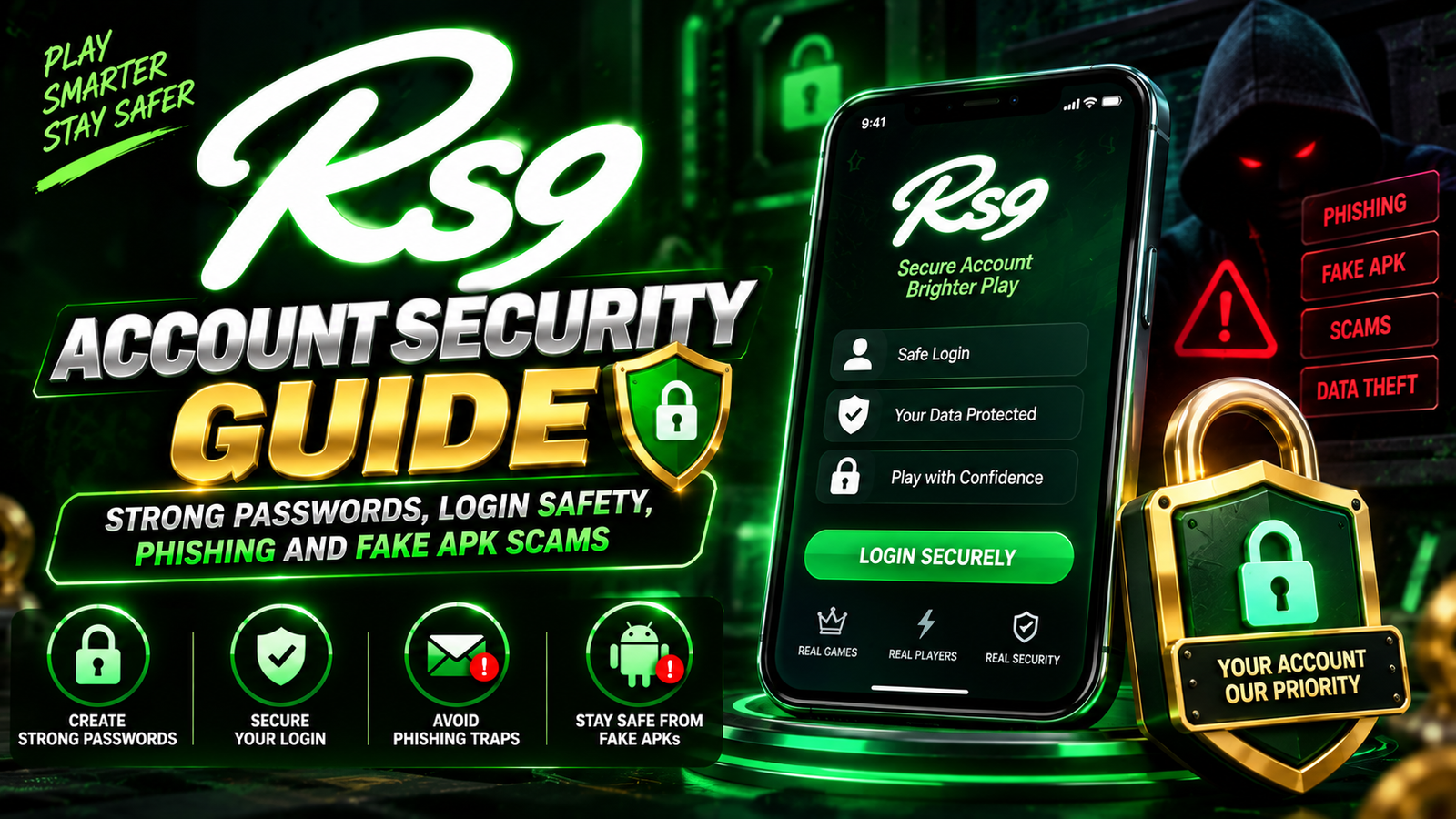 rs9 account security shield with password, OTP and phishing warning icons