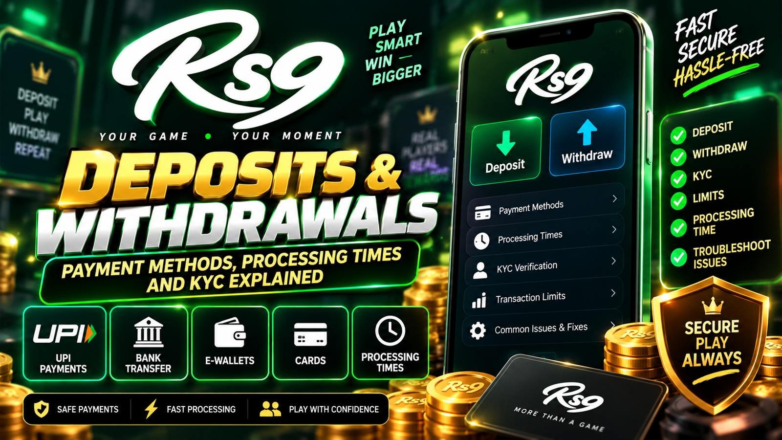 rs9 wallet screen showing deposit and withdrawal options including UPI, cards and net banking
