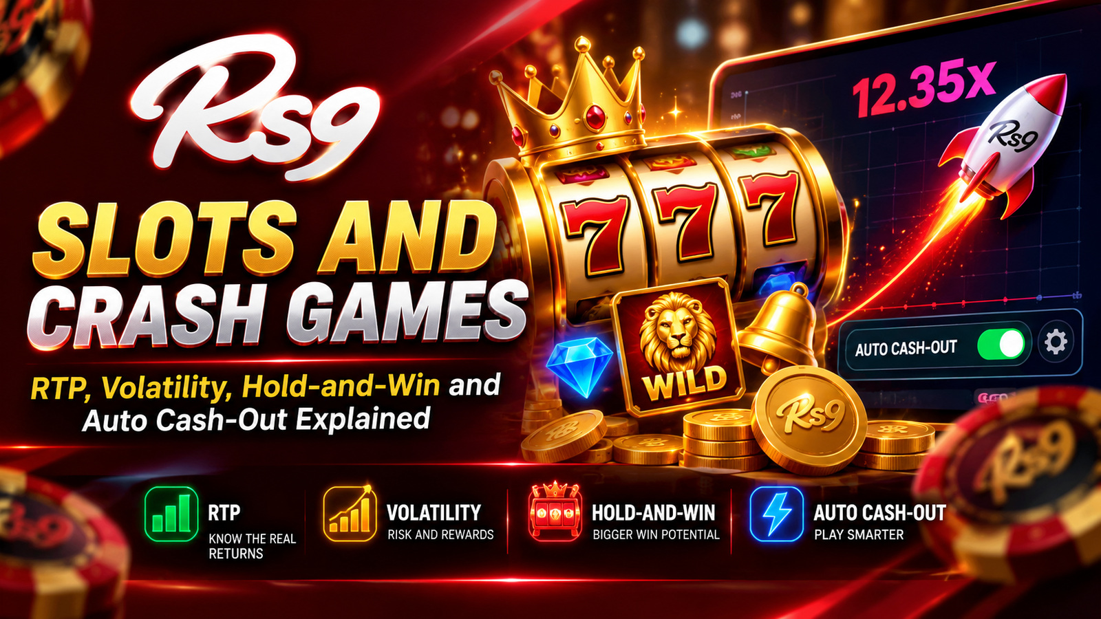 rs9 slot reels and a crash game multiplier chart shown side by side in the app lobby