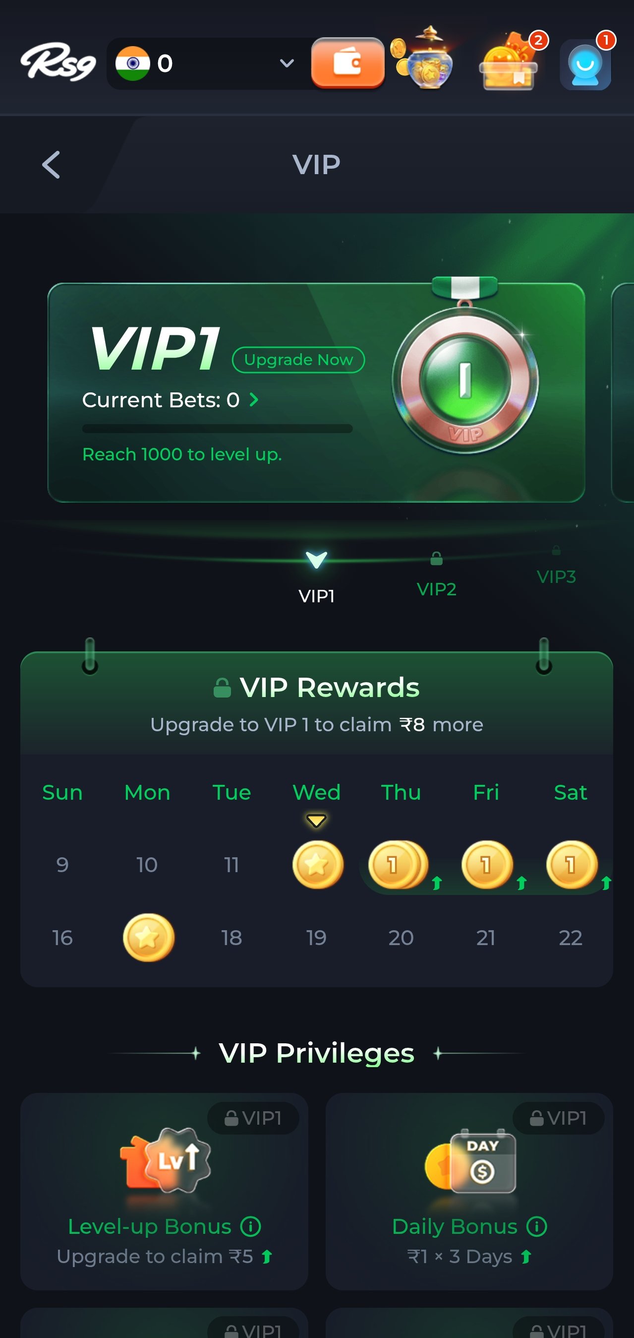 rs9 app VIP tier screen with weekly rewards calendar and privileges