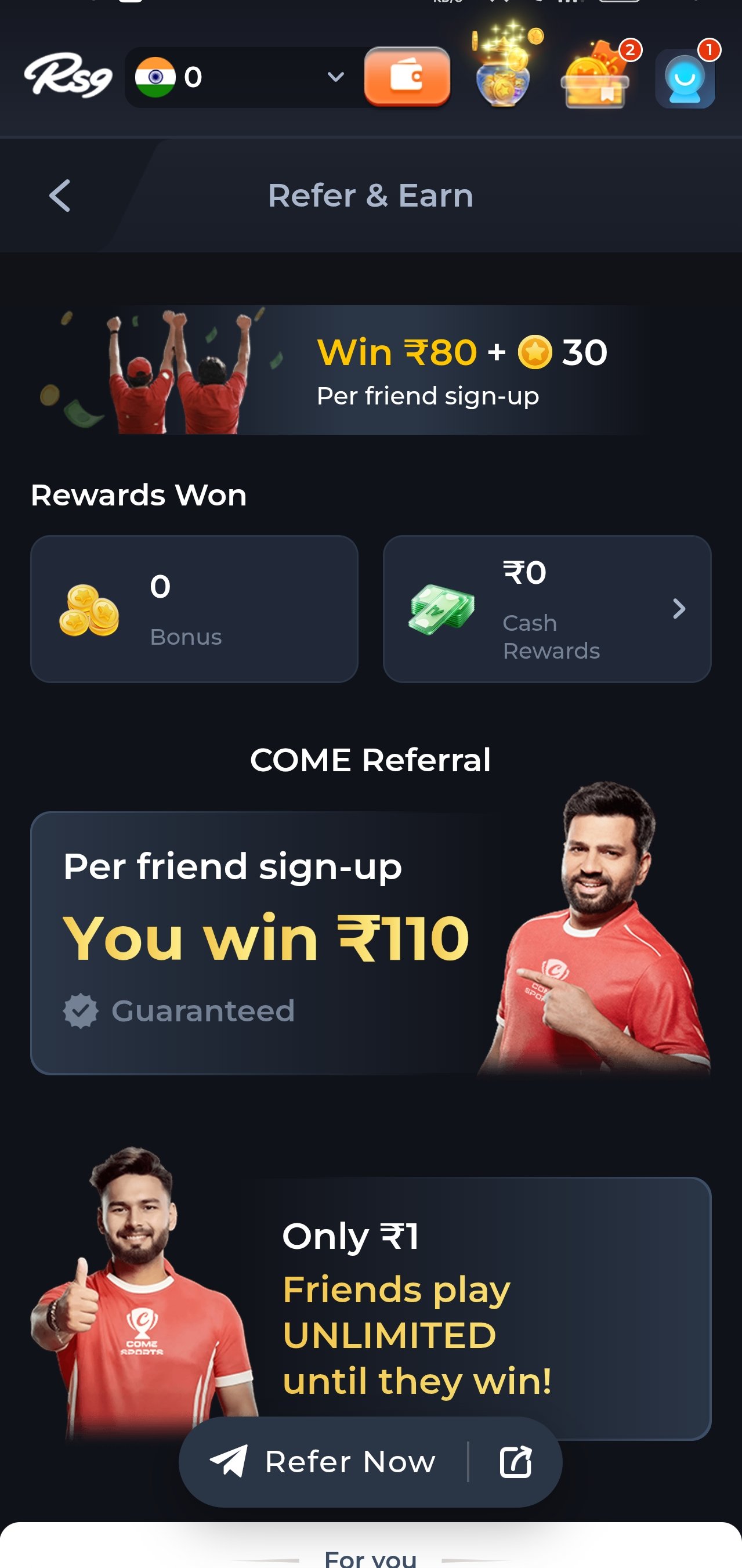 rs9 app refer and earn screen showing per-friend sign-up rewards