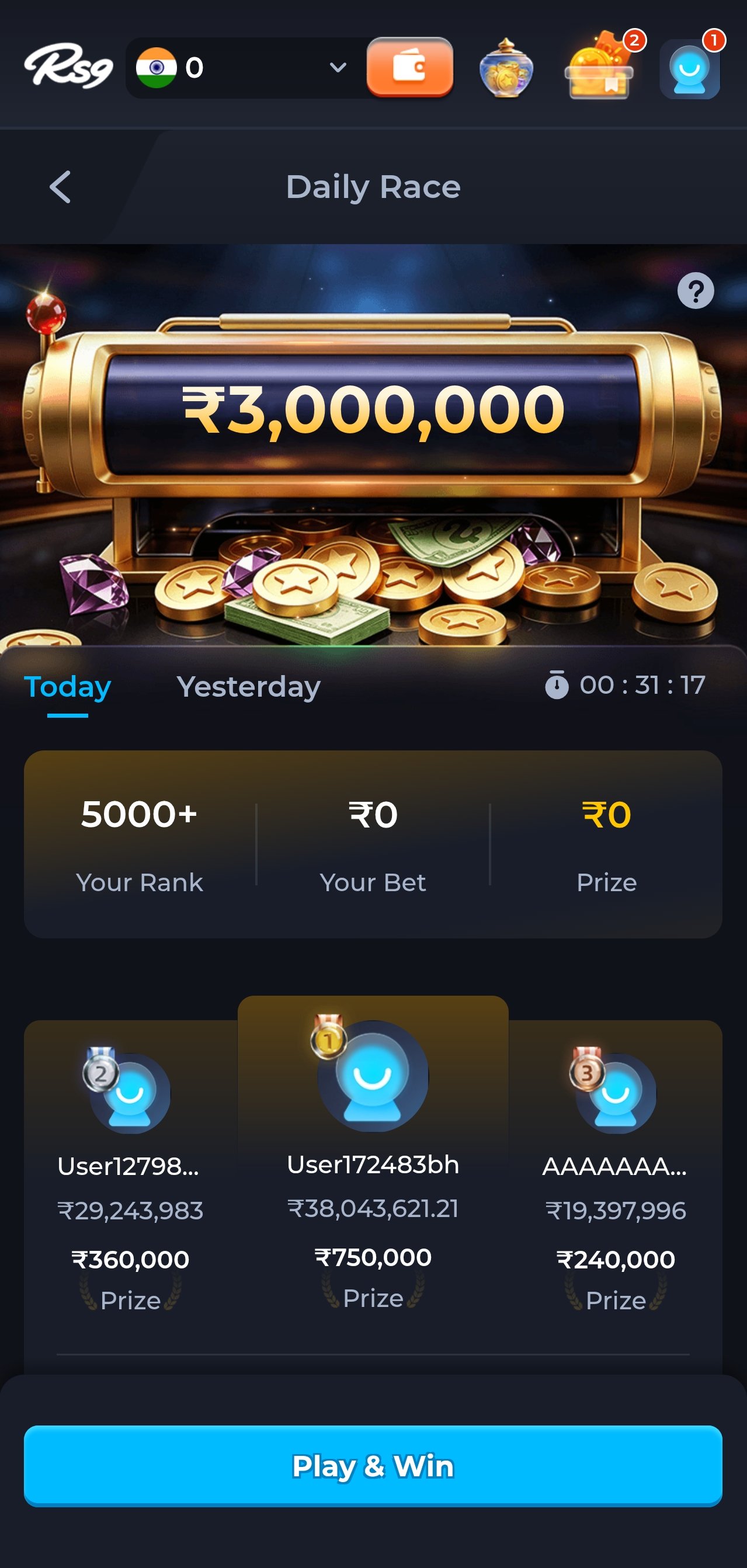 rs9 app daily race leaderboard with prize pool and player rankings