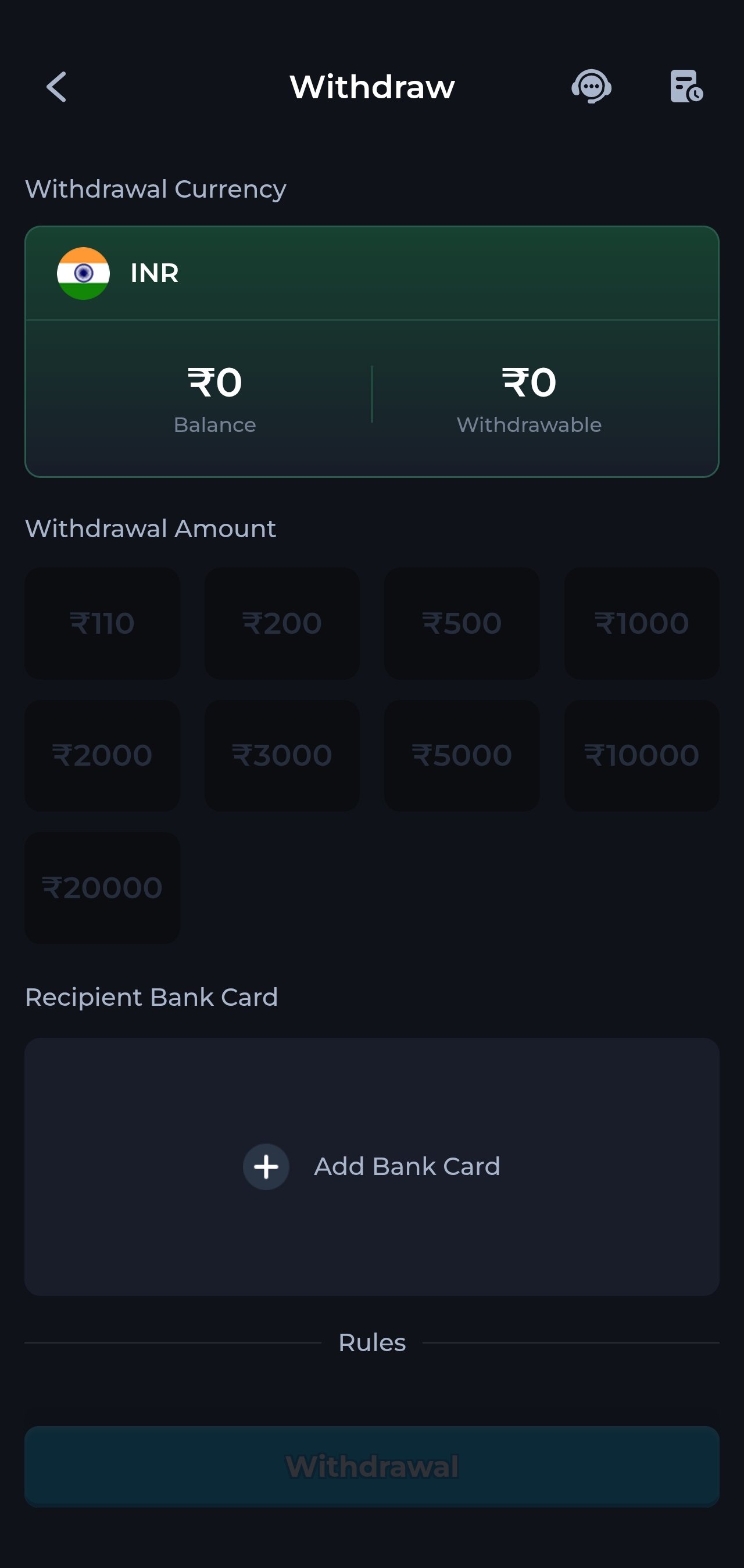 rs9 app withdrawal screen with rupee amounts and bank card setup