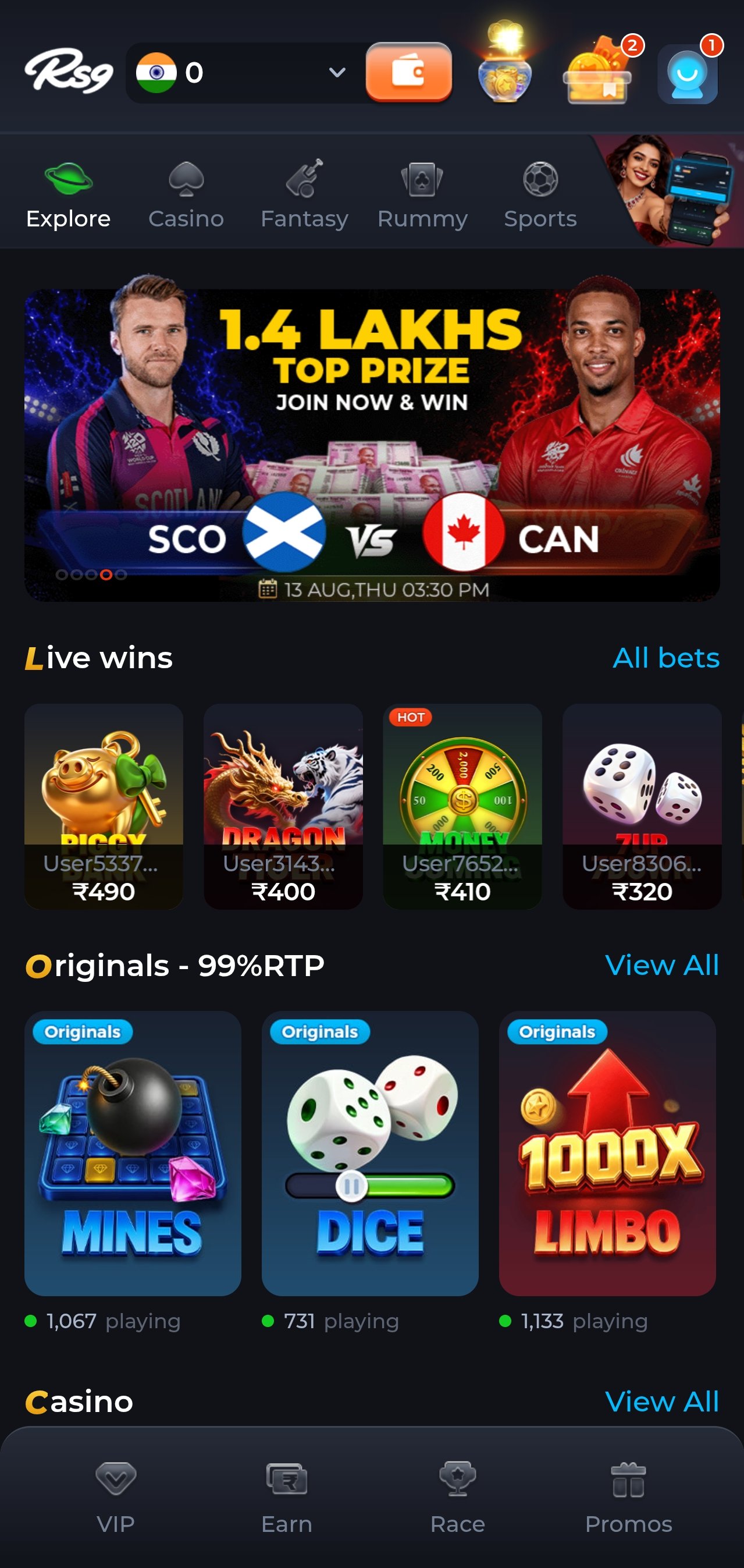 rs9 game app home lobby showing live wins, Originals and the casino rail